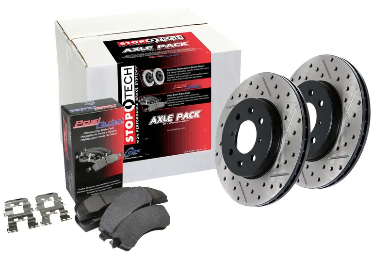 Stoptech Street Axle Pack – Four-Wheel Brake Kit Featuring Drilled And Slotted Rotors (Model 935.61058) 1